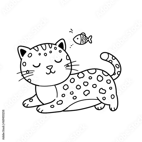 Adorable hand drawn cartoon leopard kitten sleeping peacefully with a tiny fish dreaming above its head in black and white outline illustration