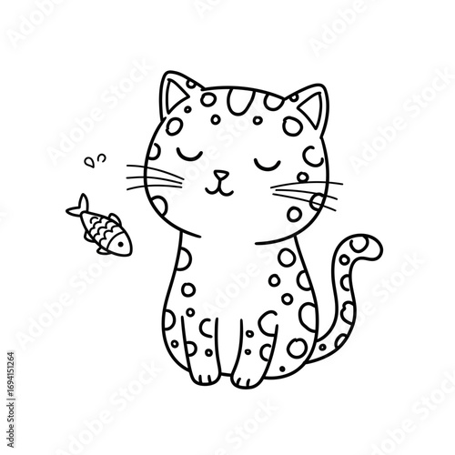 Adorable hand drawn cartoon cat with closed eyes and spots sitting next to a small fish and bubbles
