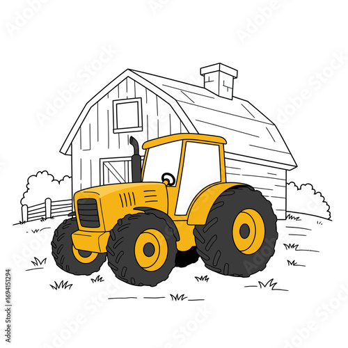 A bright yellow tractor parked in front of a rustic barn on a sunny day with rolling hills in the background