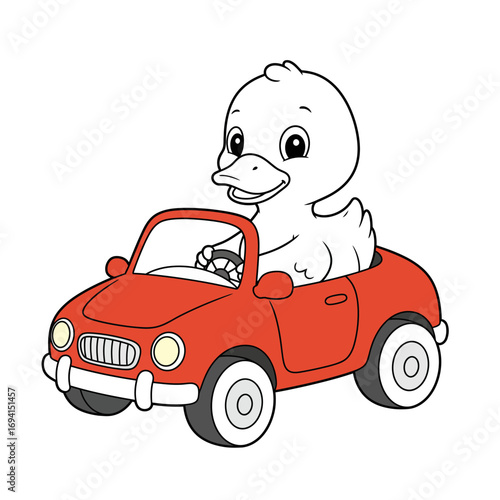 Adorable cartoon duckling with big eyes happily driving a bright red convertible car on a white background