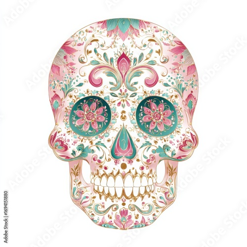 Minimalist sugar skull isolate, clean white background. Subtle but elegant details in orange, yellow, and purple, cempasúchil-inspired floral patterns around the eyes