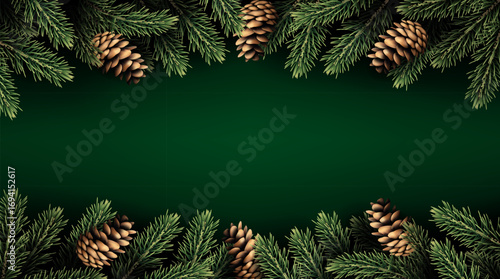 Christmas and New Year background with fir trees and cones.
