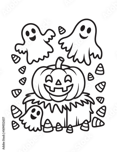 Cute Halloween Coloring Book Pages For Kids,  Vectors Illustration, Line Art, Black & White Designs, Bold-Easy, A4 Size 8.5x11" Inches, 