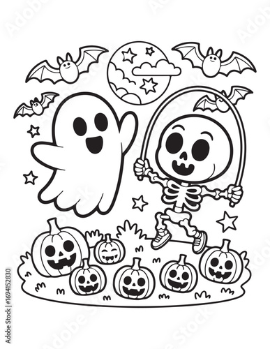 Cute Halloween Coloring Book Pages For Kids,  Vectors Illustration, Line Art, Black & White Designs, Bold-Easy, A4 Size 8.5x11" Inches, 