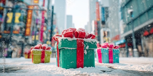 Huge festive gift boxes wrapped in bright paper and ribbons are placed among snowy city streets, creating a surreal holiday installation.