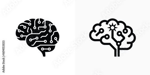 Two Black Human Brain Icons Showing Circuitry on Transparent Background
