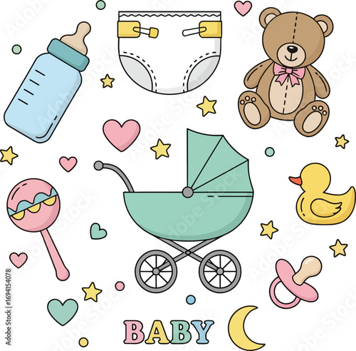 Decorative Icons Representing Baby Items Vector Illustration
