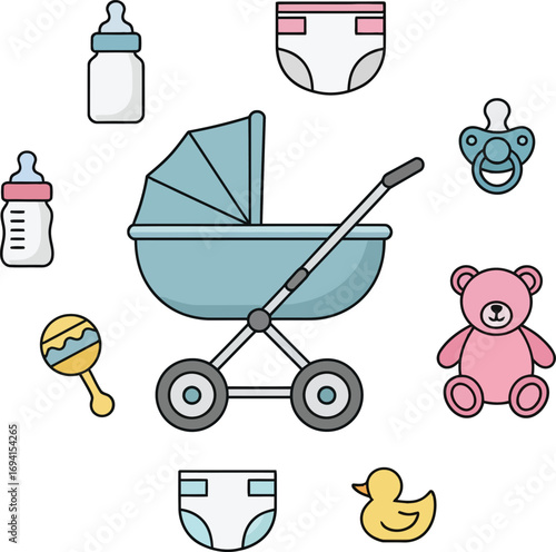 Decorative Icons Representing Baby Items Vector Illustration