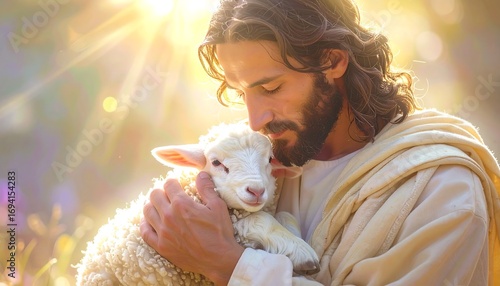 A warmly lit depiction shows a man with long hair and a beard embracing a small lamb. Sunlight streams through the background, creating a halo effect around them. The man is dressed in flowing robes