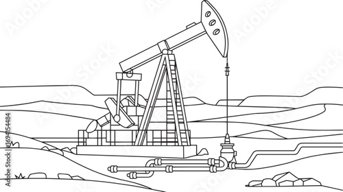Onshore Oil Pump Jack Vector Illustration – Petroleum Extraction Equipment Line Art