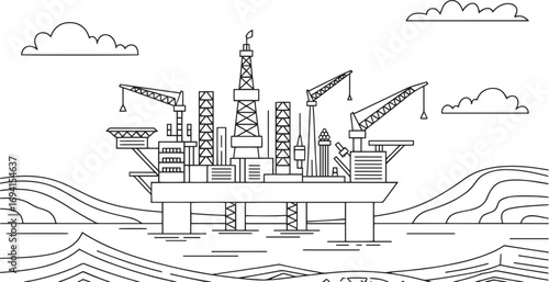 Offshore Oil Rig Platform Vector Illustration – Industrial Energy Extraction Line Drawing