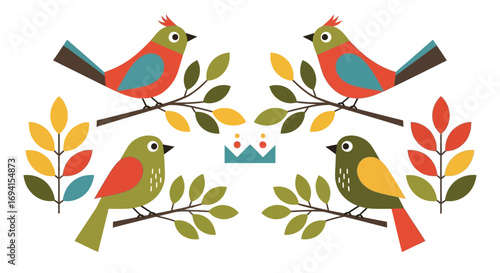 Artistic Illustration of Colorful Birds on Branches in Nature, Vibrant Floral Elements, Whimsical Design Style