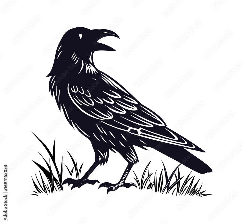 Fototapeta premium Crow or raven sitting on a branch isolated on white background vector illustration