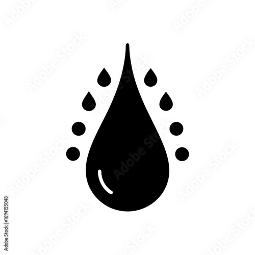 Black water drop with smaller drops around on transparent background silhouette