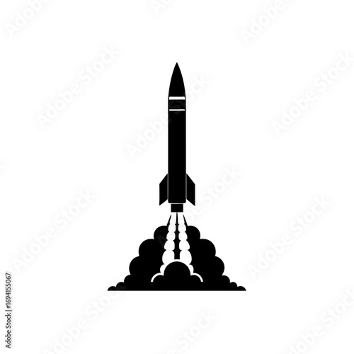 Silhouette of a rocket taking off upwards on transparent background