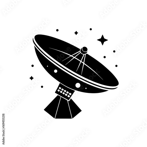 Black satellite dish with stars around it on transparent background silhouette