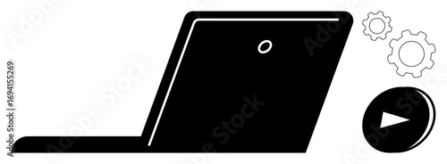 Open laptop next to gears and play button, symbolizing technology, automation, software development, and productivity. Ideal for tech education, system management, content creation, and a simple