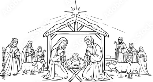 Nativity scene with baby Jesus, Mary, Joseph, angels and Christmas Christian vector illustration artwork