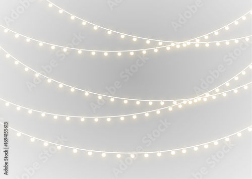 Christmas garland string lights shining with bright bulbs, glowing seasonal star and holiday decoration png.