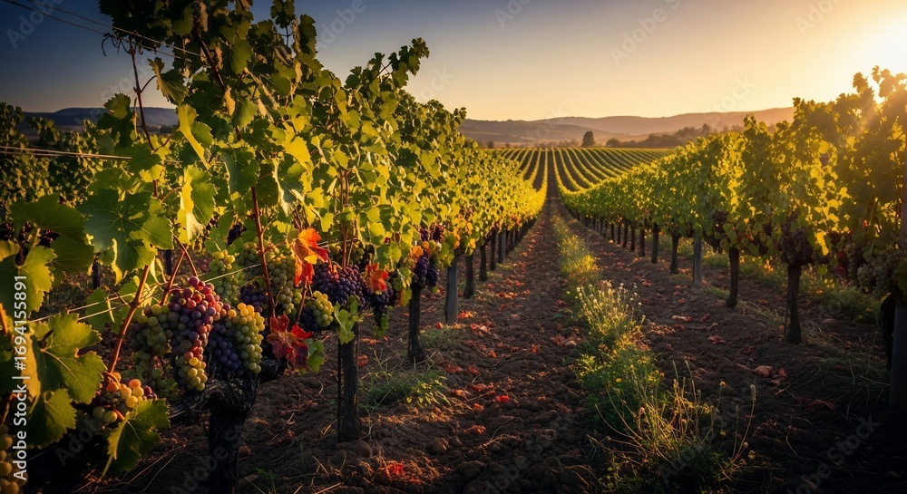 Naklejka premium Golden Hour Vineyard: Rows of Grapes Bathed in Warm Sunlight and Shadows