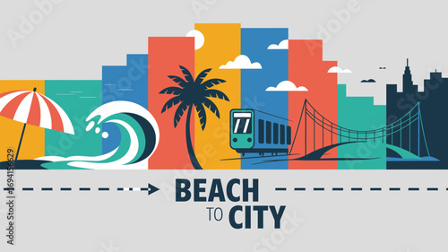 Stylized beach to city illustration with palm tree wave train bridge and buildings in bright colors