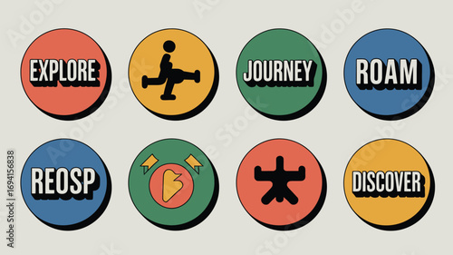 Eight colorful circular icons displaying travel and exploration related themes and words in bold text