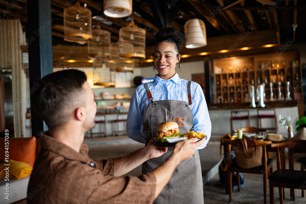 custom made wallpaper toronto digitalWaitress delivers a juicy burger in cozy restaurant setting with a warm smile and great hospitality