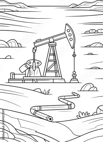 Oil Pumpjack in Desert Landscape with Pipeline – Energy Extraction Vector