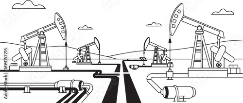 Oil Pumping Rigs with Pipelines – Vector Illustration of Petroleum Industry