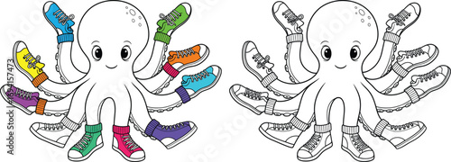 Adorable Octopus Wearing Colorful Sneakers and Socks Cartoon Outline for Kids Coloring Book