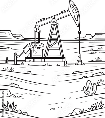 Desert Oil Pump Rig with Cactus – Petroleum Industry Vector Illustration