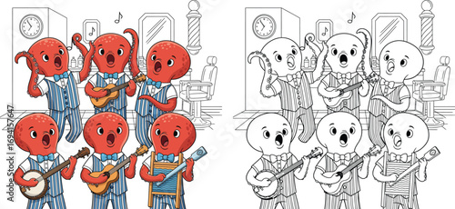 Barbershop Quartet of Octopus Musicians Performing with Instruments
