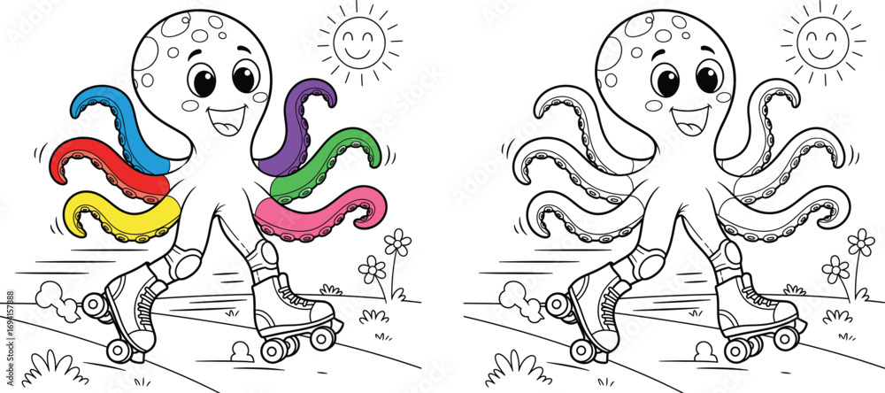 Obraz premium Cheerful Octopus on Roller Skates with Colorful Tentacles
