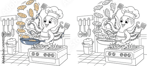 Cheerful Chef Octopus Flipping Pancakes in a Kitchen