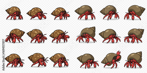 A sprite sheet of a cartoon red hermit crab with a brown shell, showing various animation frames for walking and other actions on a transparent background.