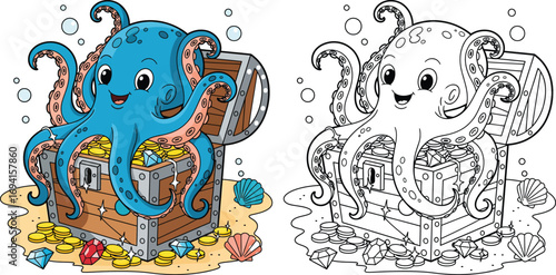 Cheerful Octopus in Treasure Chest with Gold and Jewels