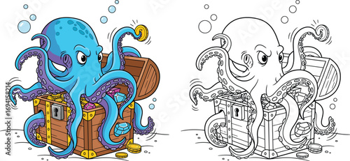 Fotografie Mischievous Blue Octopus with Pirate Treasure Chest Filled with Gold and Jewels
