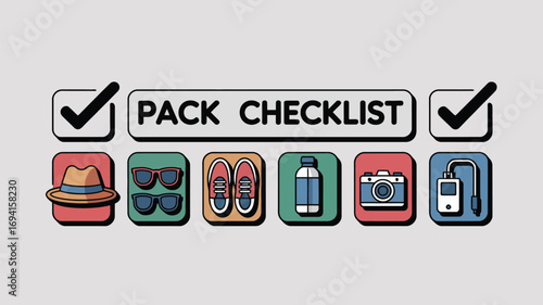 Pack checklist with hat, sunglasses, shoes, water bottle, camera, and music player icons and checkmarks
