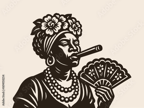Caribbean woman with cigar and fan engraving style vector illustration