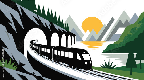 A stylized illustration of a train emerging from a tunnel with mountains and a lake in the background