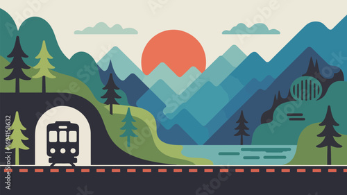 A train emerging from a tunnel surrounded by mountains trees and a sunset in a stylized illustration