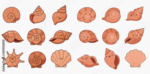 A charming collection of cute cartoon seashell characters with happy, smiling faces, isolated on a transparent background.