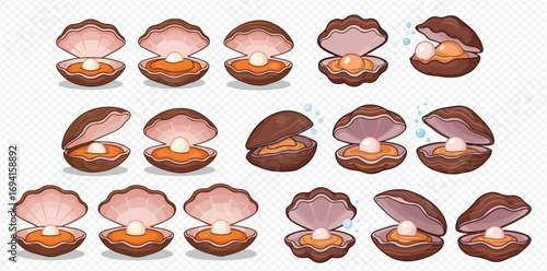 A collection of cartoon oyster and clam shells, open to reveal shiny pearls inside.