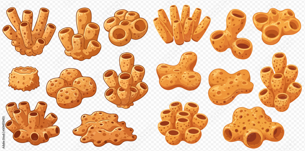 Tableau sur toile An illustrative collection of diverse orange sea sponges, showcasing different porous structures on a transparent background