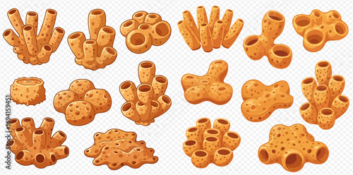 An illustrative collection of diverse orange sea sponges, showcasing different porous structures on a transparent background.