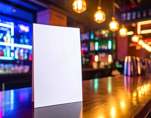 Blank menu mockup on bar counter with neon lights and nightlife atmosphere
