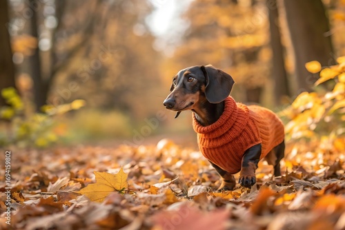 Dachshund dog wearing orange sweater enjoying autumn walk in the park