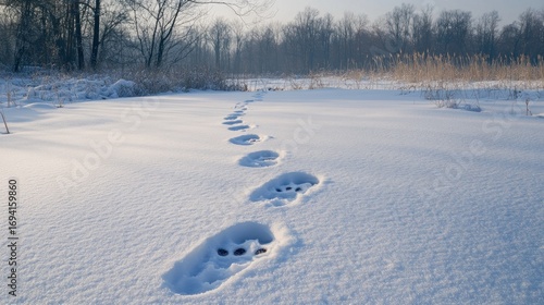 Wallpaper Mural Raccoon pawprints leading through the snow, winter landscape Torontodigital.ca