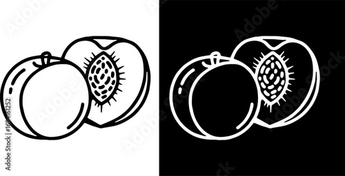 A clean, black and white outline illustration featuring a whole peach and a halved peach, clearly showing the pit inside. This minimalist vector graphic is perfect for icons, healthy food designs, rec