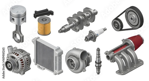 Engine parts collection isolated on white background showing automotive components